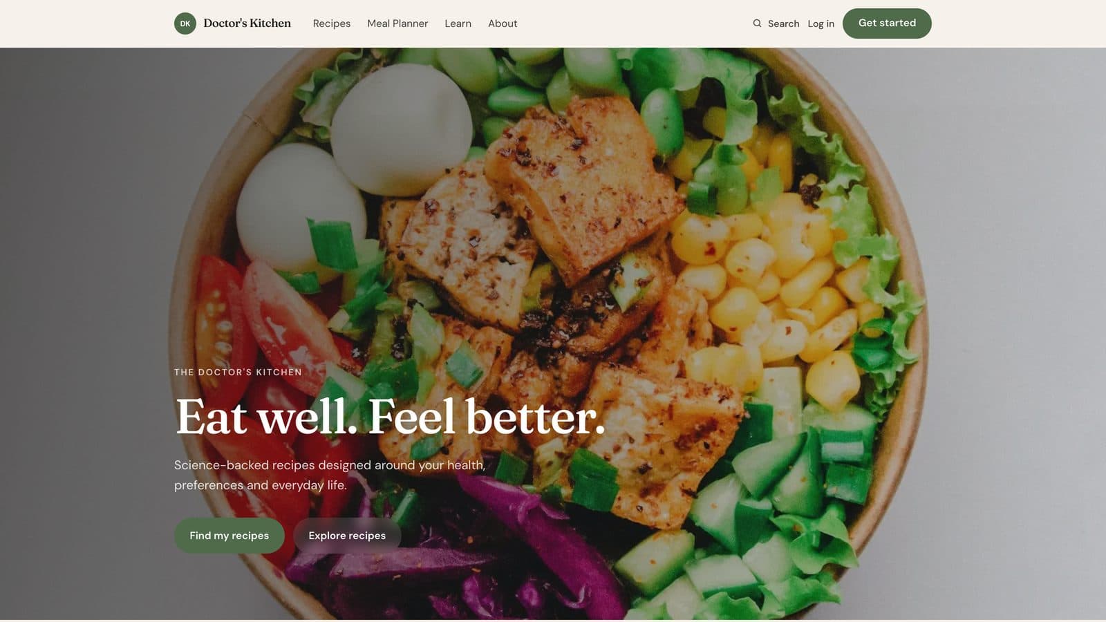 The Doctor's Kitchen homepage with editorial food hero and recipe discovery