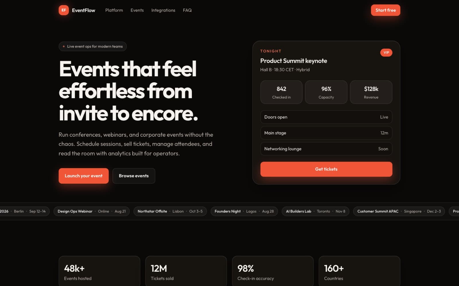 EventFlow dark purple event platform homepage with glass cards