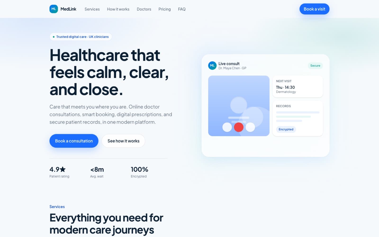 MedLink healthcare platform hero with consultation booking UI