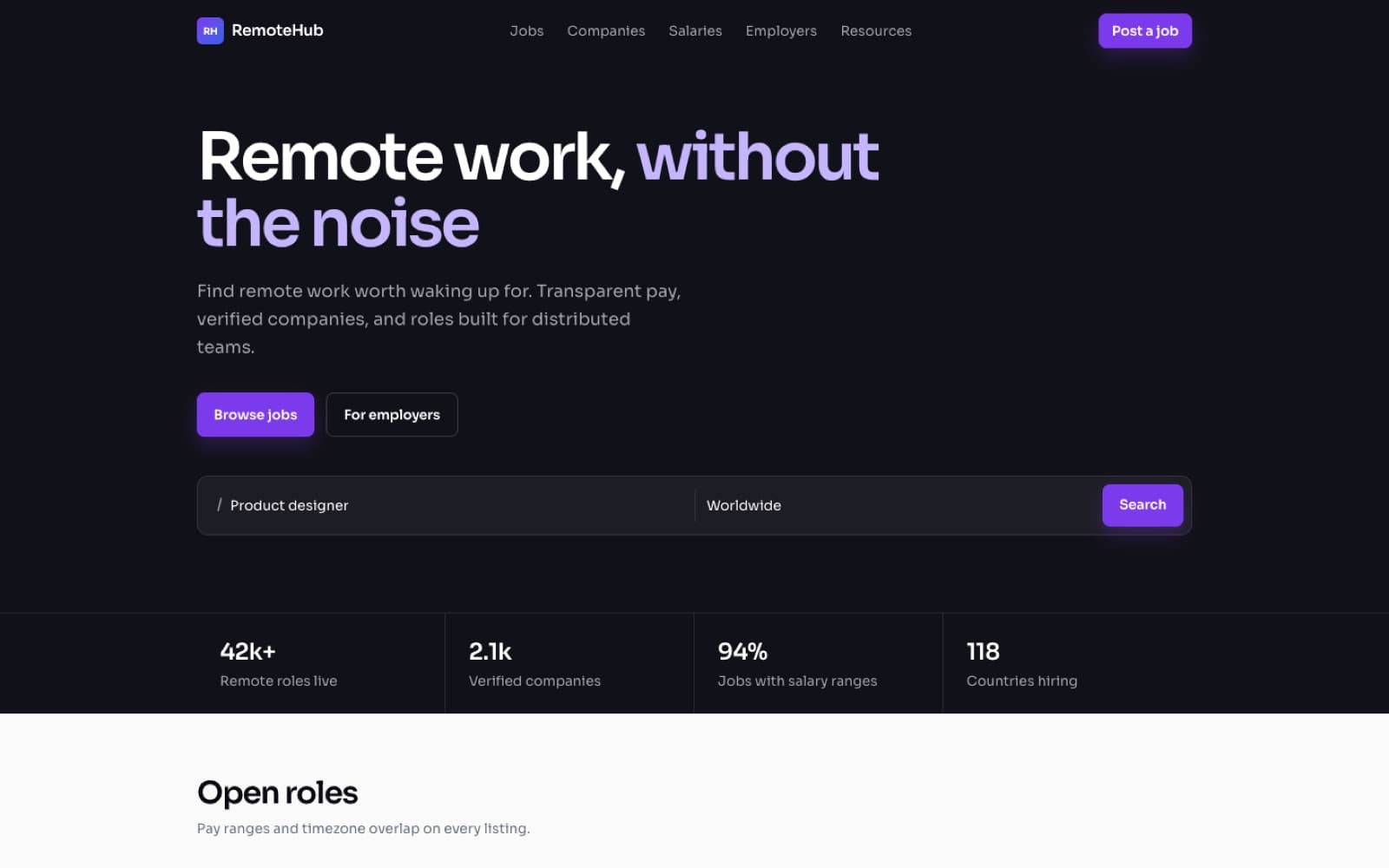 RemoteHub job platform homepage with search and remote career messaging