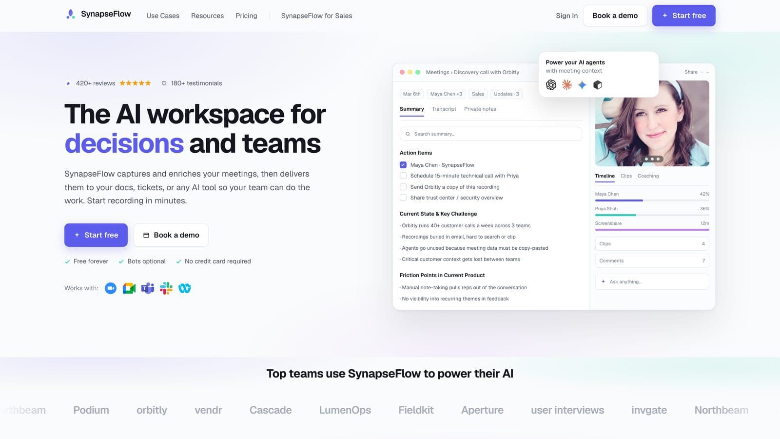 SynapseFlow AI workspace landing page with indigo hero and product dashboard